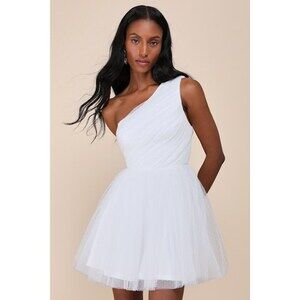 Lulus Exceptional Moments White Swiss Dot One-shoulder Mini Dress - Size M